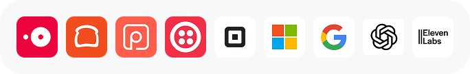 Integration partners: OpenTable, Resy, Popmenu, Yelp, Square, Microsoft, Google, OpenAI, ElevenLabs